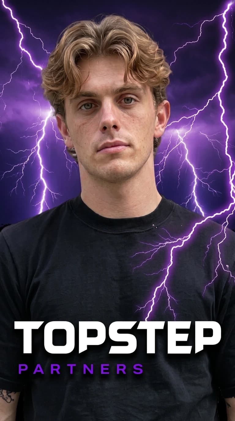 Portrait of Kai, Affiliate Manager at TopStep Partners, wearing a black t-shirt against a purple lightning background