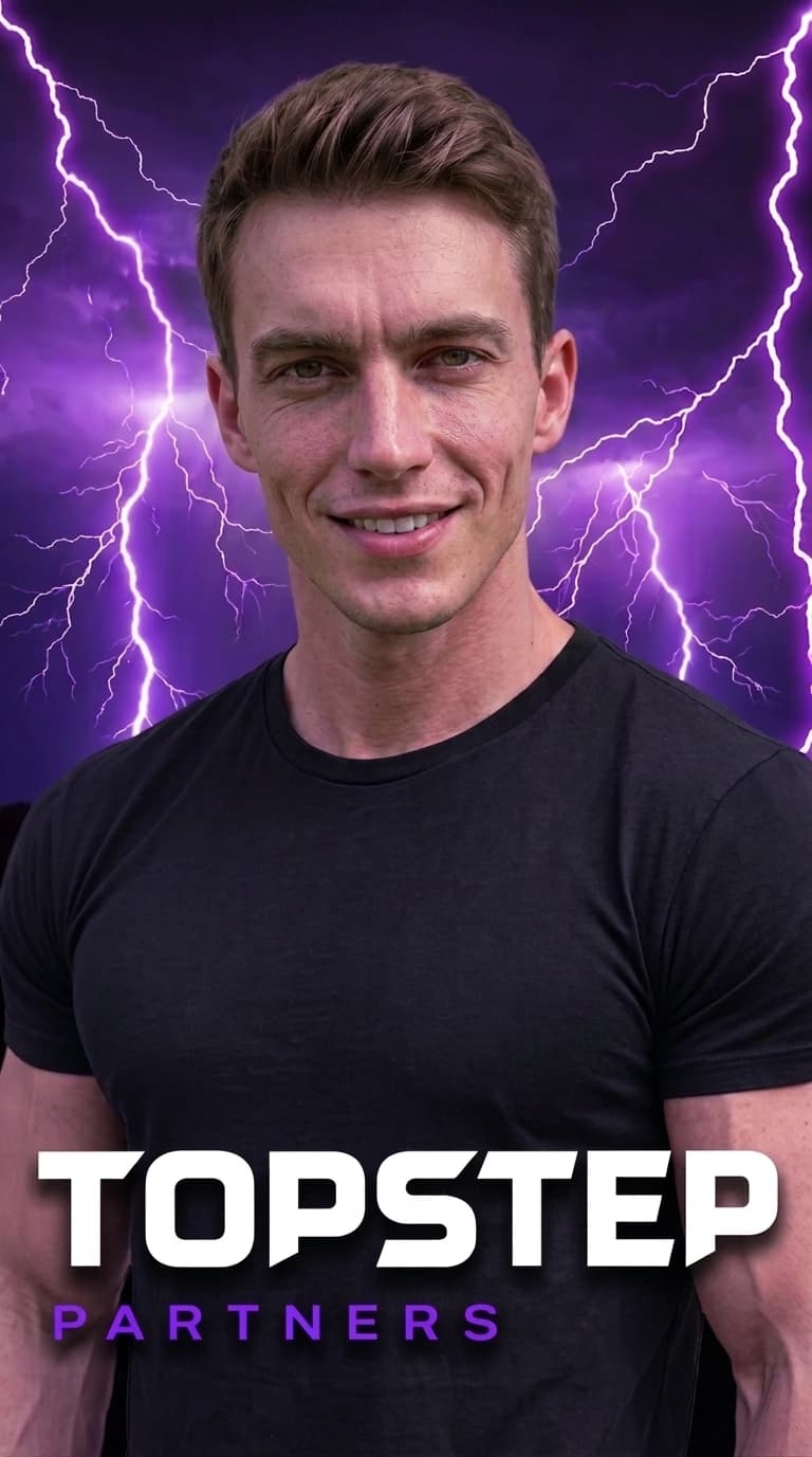 Portrait of Maxi, Affiliate Manager at TopStep Partners, wearing a black t-shirt against a purple lightning background
