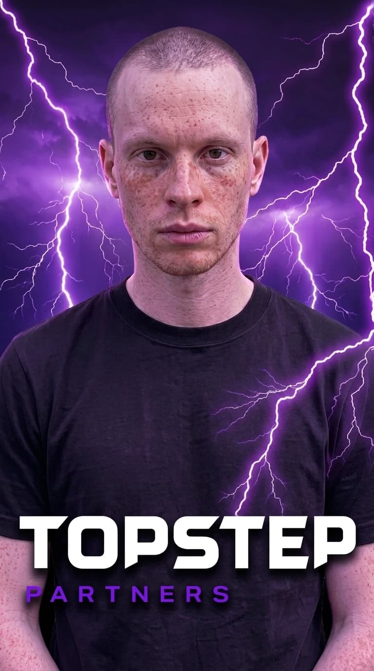 Portrait of Samuel, Affiliate Manager at TopStep Partners, wearing a black t-shirt against a purple lightning background